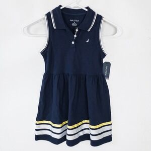 Nautica Dress Girls 6 Navy Sleeveless Polo Striped Pleated Drop Waist New‎